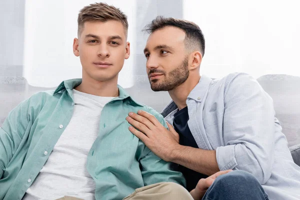 Sensual Man Looking Homosexual Husband Home — Stock Photo, Image