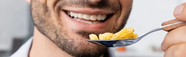 Cropped View Happy Man Holding Spoon Corn Flakes Banner — Stock Photo, Image