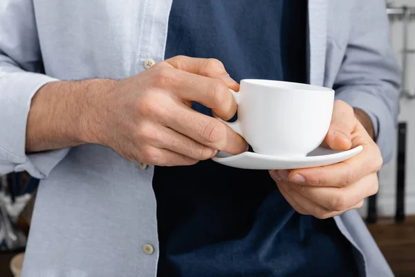 Cropped View Man Holding Cup Coffee Saucer — Stock Photo, Image