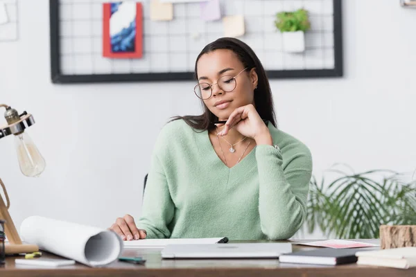 Thoughtful African American Interior Designer Sitting Desk Home Studio Blurred — Stock Photo, Image