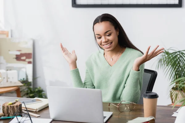 Amazed African American Architect Gesturing Workplace Laptop Coffee — Stock Photo, Image