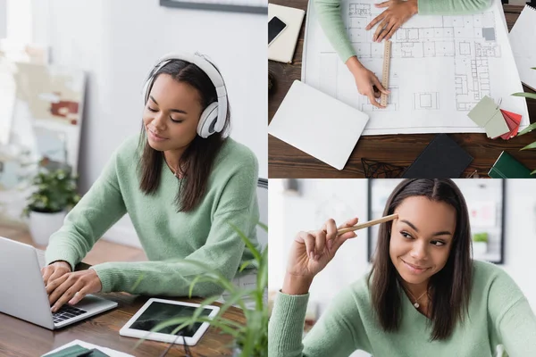 Collage African American Freelance Architect Typing Laptop Headphones Working Project — Stock Photo, Image