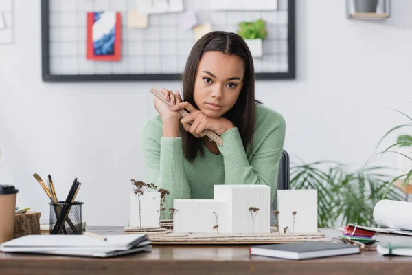 Young African American Architect Holding Ruler Looking Camera While Sitting — Stock Photo, Image