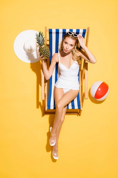 Top View Young Woman Sending Air Kiss While Resting Deck — Stock Photo, Image