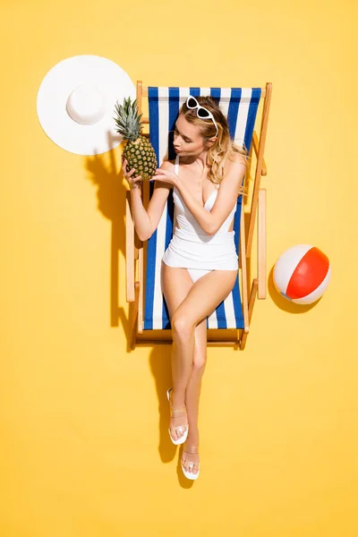 Top View Young Woman Fresh Pineapple Sitting Deck Chair Inflatable — Stock Photo, Image