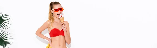 Young Woman Sunglasses Swimwear Looking Camera While Licking Ice Cream — Stock Photo, Image