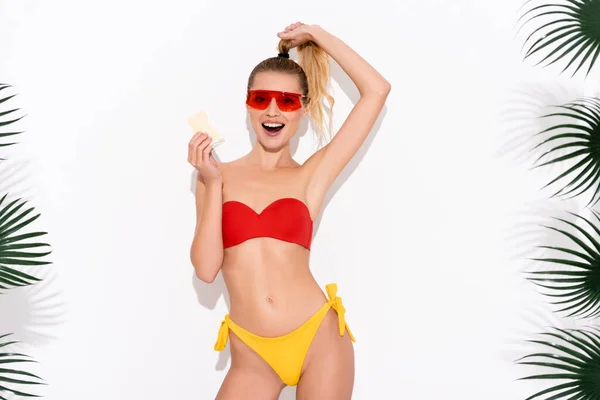 Excited Woman Swimwear Sunglasses Touching Hair While Holding Ice Cream — Stock Photo, Image