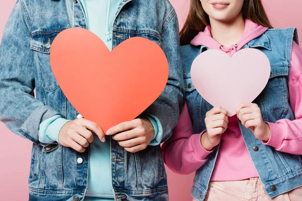 Cropped View Teenagers Holding Papers Harts Isolated Pink — Stock Photo, Image