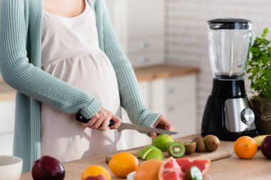 Mutfakta blender 'ın yanında meyve kesen hamile kadın görüntüsü.
