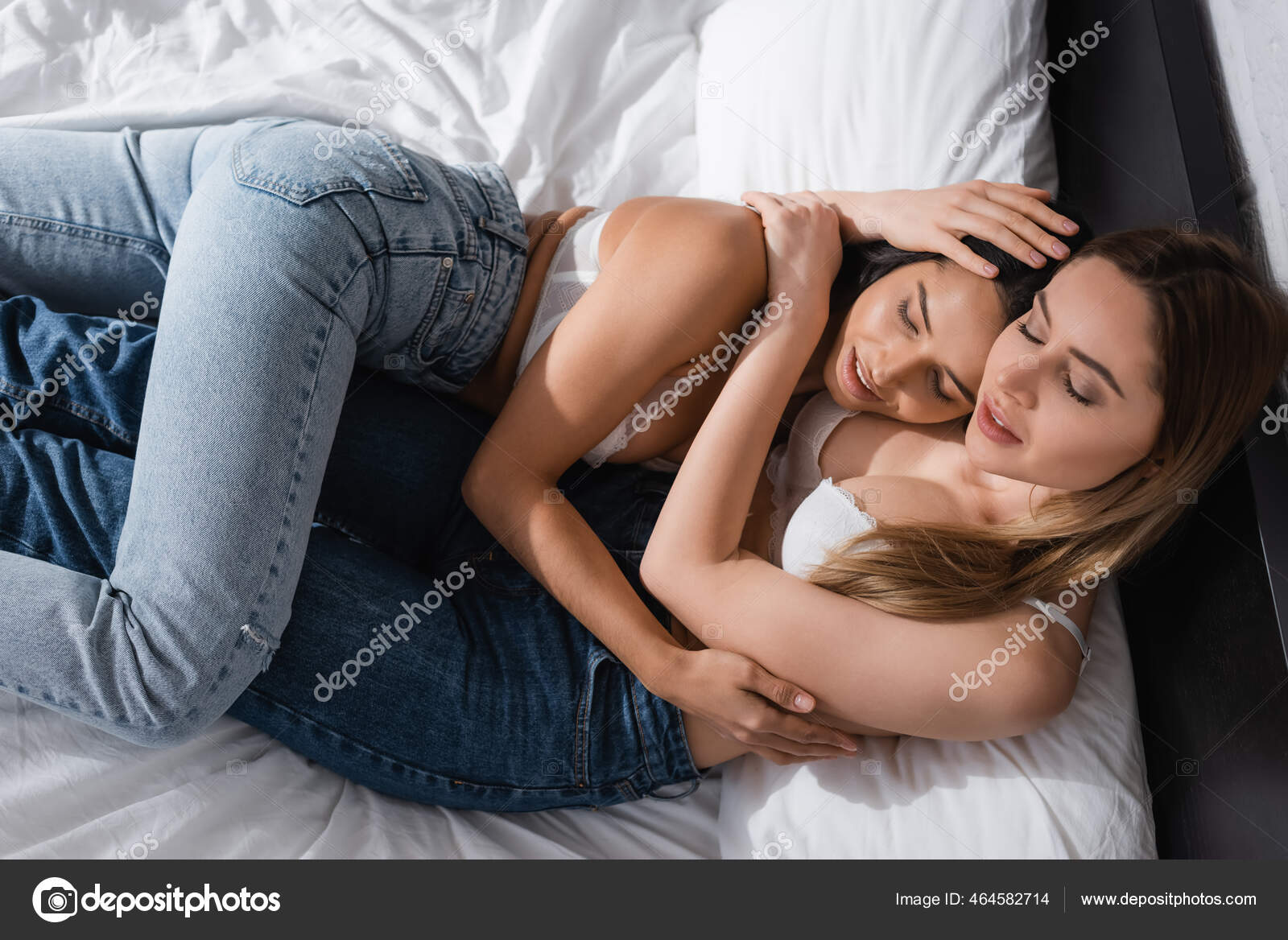 Happy Lesbian Couple White Bras Embracing Bedroom Stock Photo by  ©AndrewLozovyi 464582712