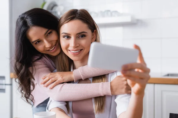 Happy Lesbian Couple Taking Selfie Smartphone — 图库照片