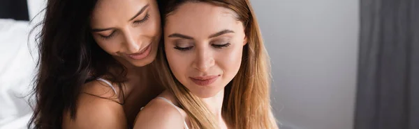 Happy Lesbian Couple Hugging Home Banner — Foto de Stock