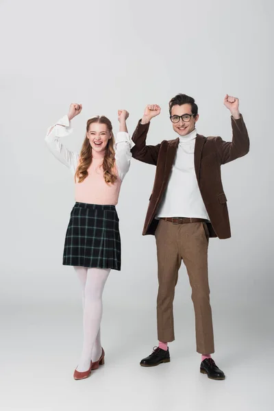 Full Length View Excited Couple Vintage Outfit Showing Win Gesture — Stock Photo, Image