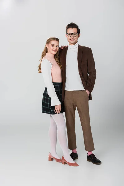 Full Length View Young Couple Retro Outfit Posing Grey Background — Fotografia de Stock