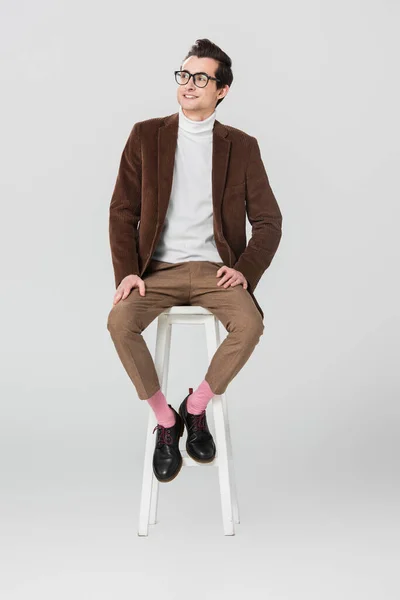 Happy Man Vintage Clothes Looking Away While Sitting High Stool — Stock Photo, Image