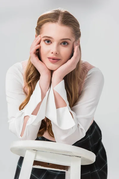 Young Woman White Blouse Looking Camera While Leaning High Stool — Stock Photo, Image