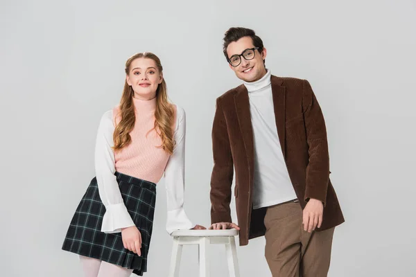 Smiling Couple Retro Clothes Smiling Camera High Stool Isolated Grey — Stock Photo, Image