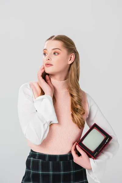 Pensive Woman Touching Face Looking Away While Holding Vintage Isolated — Stock Photo, Image