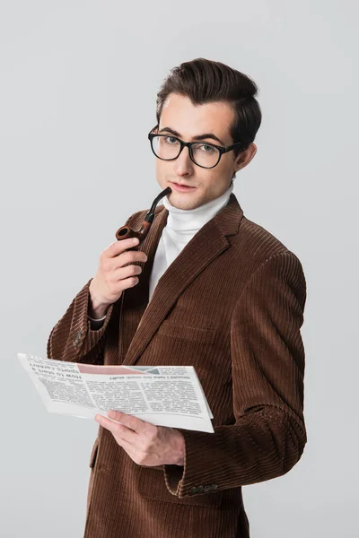 Young Man Velvet Blazer Holding Smoking Pipe Newspaper Isolated Grey — Stock Photo, Image