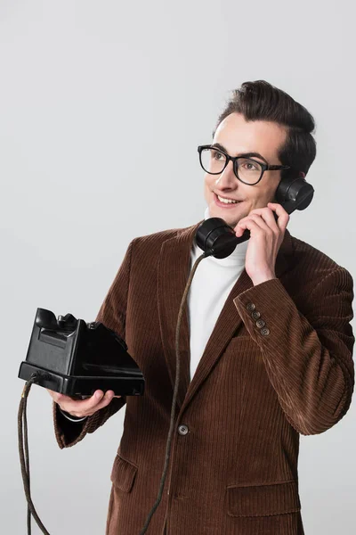 Happy Man Velvet Blazer Looking Away While Calling Vintage Phone — Stock Photo, Image