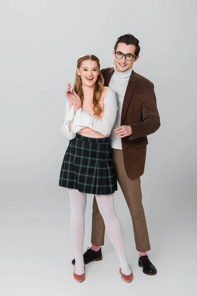 Full Length View Happy Couple Vintage Outfit Posing Grey Background — Stock Photo, Image