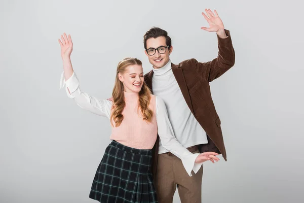 Alegre Pareja Estilo Retro Bailando Con Las Manos Levantadas Aisladas — Foto de Stock