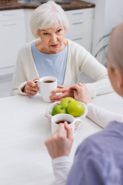 Üst düzey bir kadın taze elma ve çay fincanlarının yanında sosyal hizmet görevlisiyle konuşuyor.