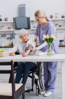 young nurse measuring blood pressure of handicapped woman in wheelchair at home clipart