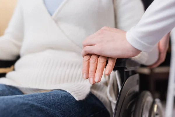 Cropped View Social Worker Touching Hand Aged Disabled Woman Wheelchair — Stock Photo, Image