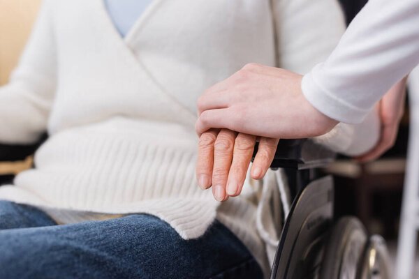 cropped view of social worker touching hand of aged disabled woman in wheelchair