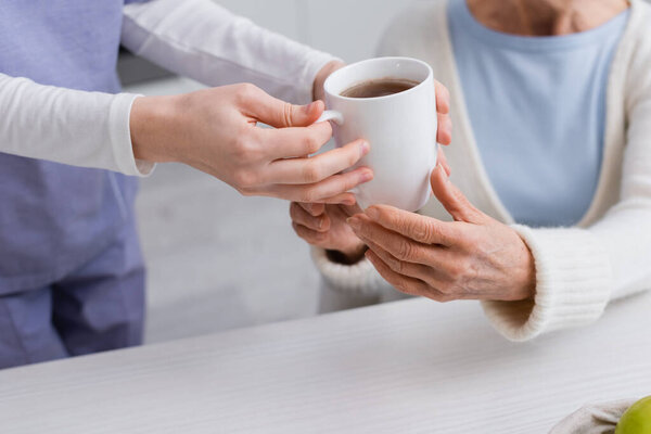 cropped view of social worker giving cup of tea to senior woman, blurred background