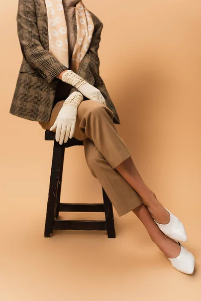 Cropped View Woman Pants Plaid Blazer White Gloves Shoes Sitting — Stock Photo, Image