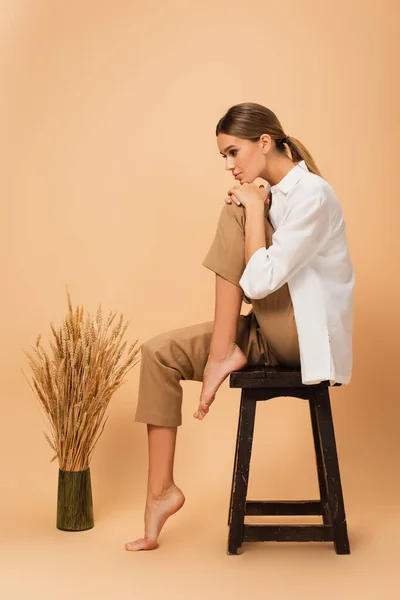 barefoot woman in pants and white shirt on chair near vase with spikelets on beige background