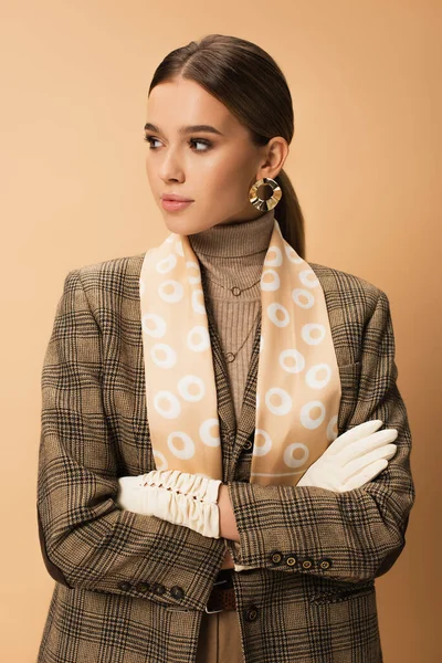 Stylish Woman Checkered Blazer Pants White Gloves Posing Crossed Arms — Stock Photo, Image