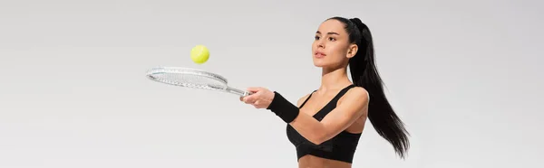 Young Sportswoman Holding Tennis Racket Ball While Playing Isolated Grey — Stock Photo, Image