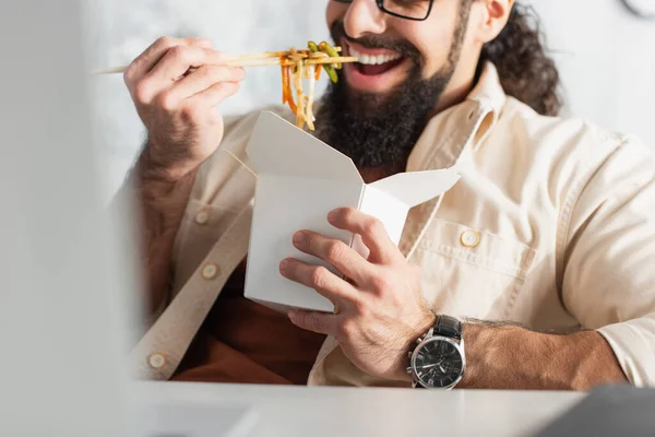 Partial View Bearded Man Wristwatch Eating Chinese Noodles Blurred Foreground — Stock Photo, Image