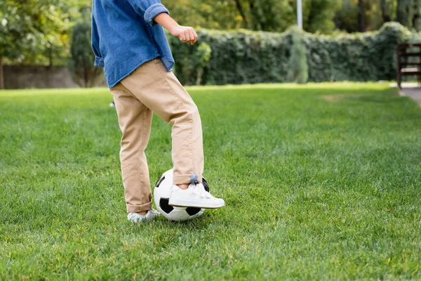 Vista ritagliata del ragazzo che gioca a calcio sul prato nel parco — Foto stock