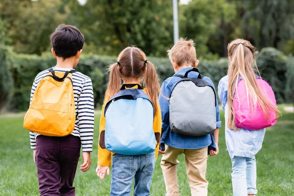 Back view of schoolkids with backpacks walking on lawn — Stock Photo