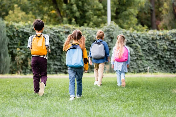 Обратный вид на детей с рюкзаками ходить рядом с друзьями на размытом фоне на открытом воздухе — стоковое фото