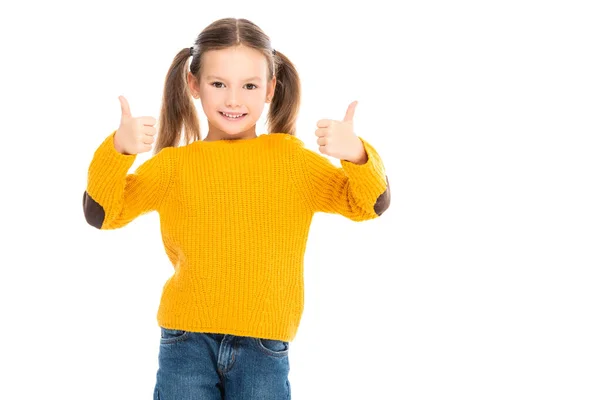 Sonriente niño mostrando pulgares hacia arriba en la cámara aislado en blanco - foto de stock