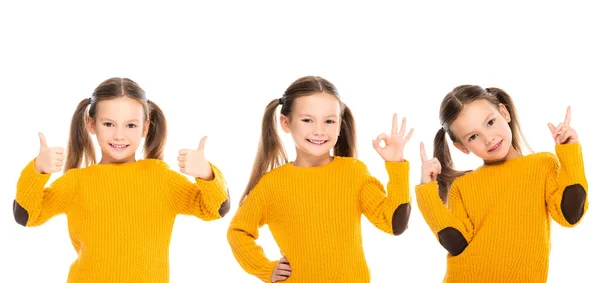 Collage de niño sonriente mostrando como, bien y señalando con los dedos aislados en blanco, bandera - foto de stock