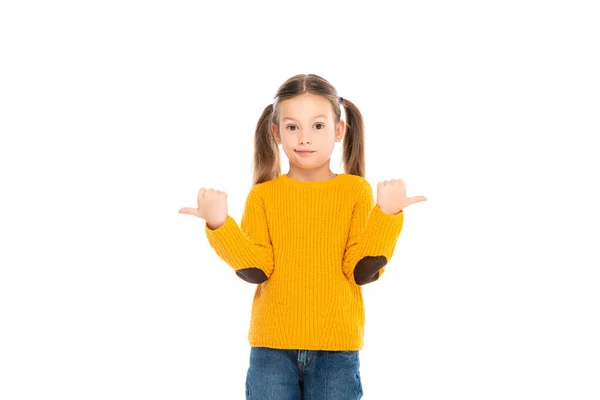 Ragazzo confuso che punta lontano mentre guarda la fotocamera isolata sul bianco — Foto stock