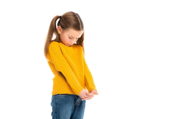 Sconvolto ragazza guardando verso il basso isolato su bianco — Foto stock