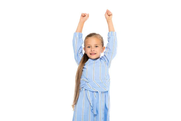 Smiling girl in dress showing yeah gesture isolated on white — Stock Photo