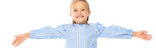 Positives Kind blickt isoliert auf weiße Kamera, Banner — Stockfoto