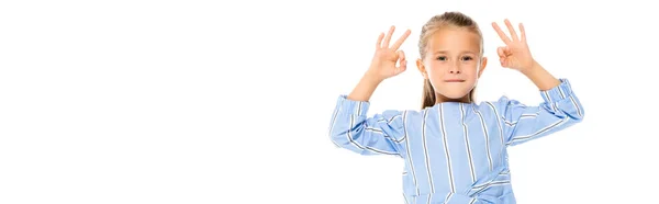 Smiling kid showing okay gesture isolated on white, banner — Stock Photo