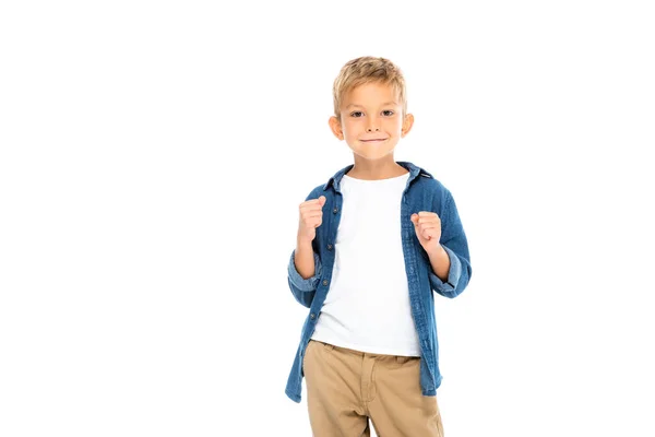 Garçon souriant montrant geste ouais isolé sur blanc — Photo de stock