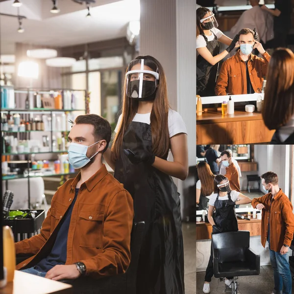Colagem de cabeleireiro em face escudo de pé perto do cliente, tocando seu cabelo, e colidindo cotovelos com o homem — Fotografia de Stock