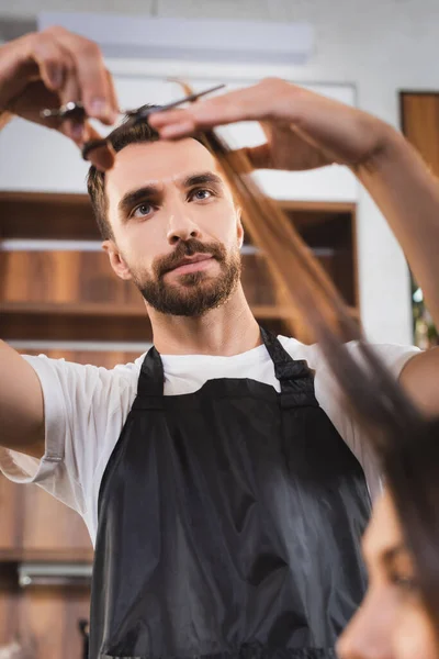 Молодой бородатый парикмахер стрижет волосы женщины на размытом переднем плане — стоковое фото
