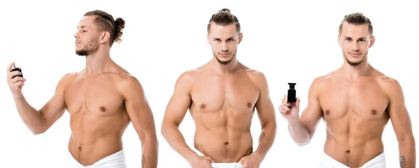 Collage di sexy uomo senza camicia in asciugamano con profumo isolato su bianco, banner — Foto stock